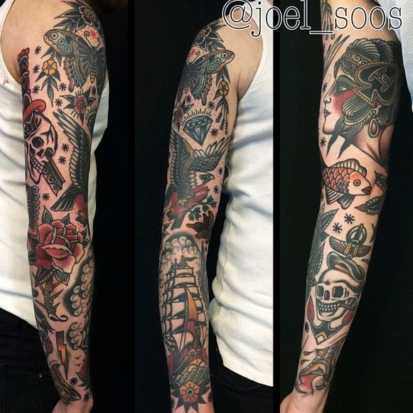 Traditional Old School Style Tattoo On Full Sleeve By Joel Soos