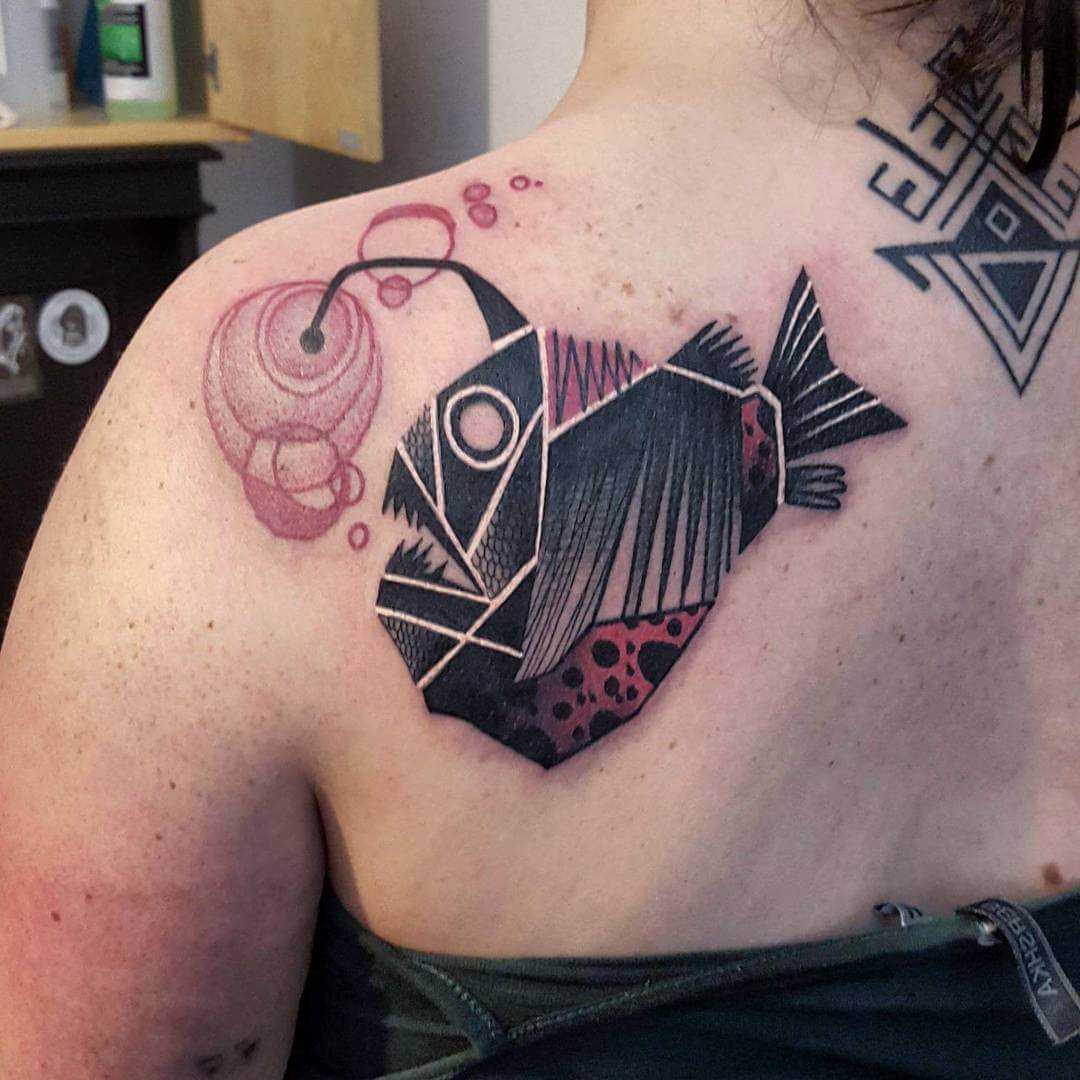 Unique Angler Fish Tattoo On Left Back Shoulder For Girls