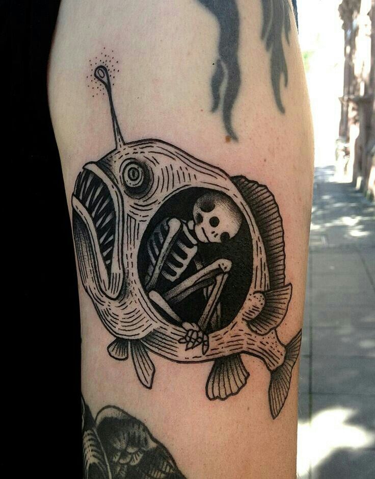 Unique Angler Fish Tattoo On Left Half Sleeve