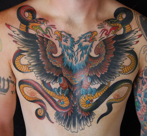Unique Eagle And Snake Old School Tattoo On Chest For Men