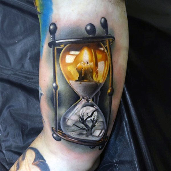 Unique Hourglass Lantern Tattoo On Sleeve