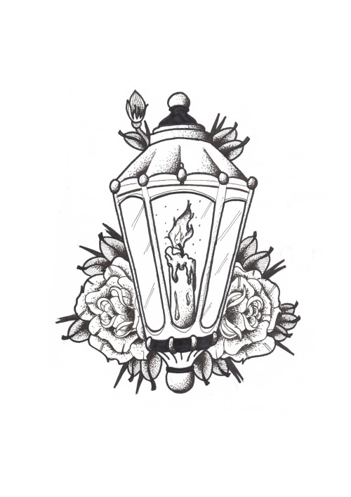 Victorian Candle Lantern With Flowers Tattoo Drawing