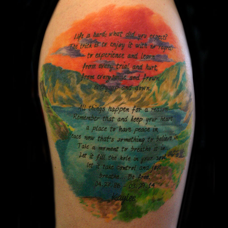 Watercolor Mountain View And Poem Tattoo By Leah Williams