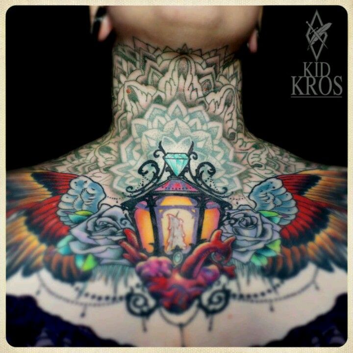 Winged Victorian Lantern Tattoo On Chest For Women