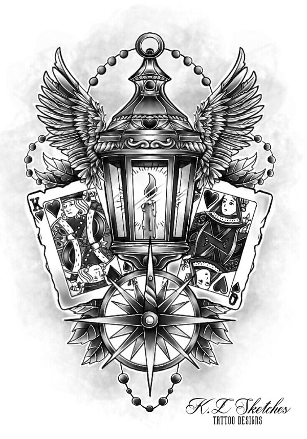 Winged Victorian Lantern With King And Queen Card Tattoo Design By Klsketches
