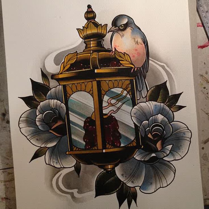 Wonderful Antique Lantern With Bird And Flowers Tattoo By Jasmine