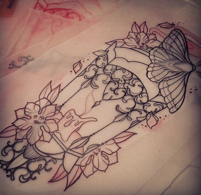 Wonderful Flowers With Lantern Tattoo Sketch