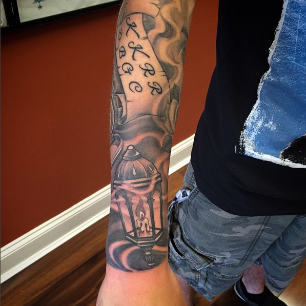 Wonderful Grey Lantern With Banner Tattoo On Arm Sleeve