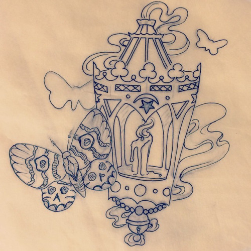 Wonderful Lantern With Butterflies Tattoo Sketch
