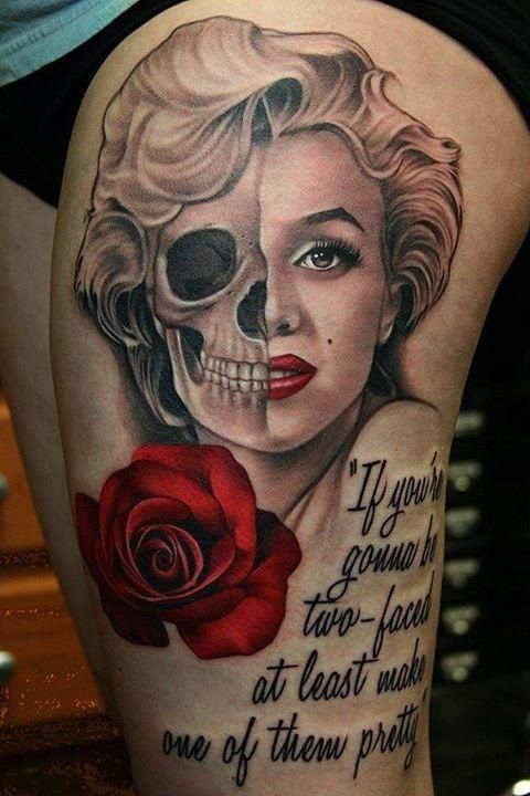 Wonderful Marilyn Monroe Skull With Quote Tattoo On Left Thigh