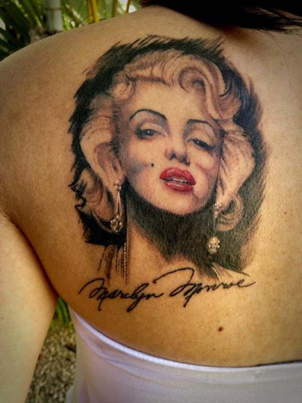 Wonderful Marilyn Monroe With Signature Tattoo On Left Back Shoulder