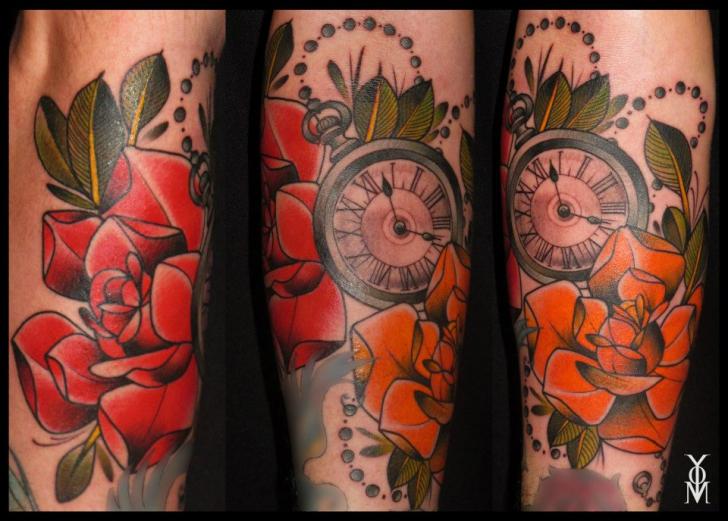 Wonderful Old School Flower With Clock Tattoo On Arm Sleeve