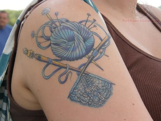 Wonderful Yarn Knitting Tattoo On Right Shoulder