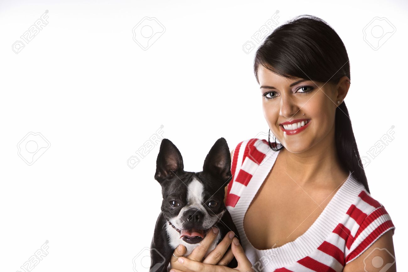 Young Adult Female Holding Boston Terrier Dog