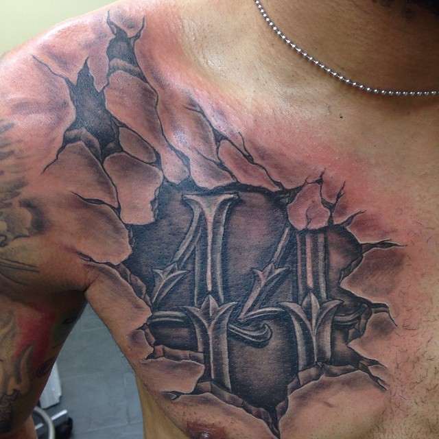 3D Black And Grey Fourty Four Number Tattoo On Chest For Men
