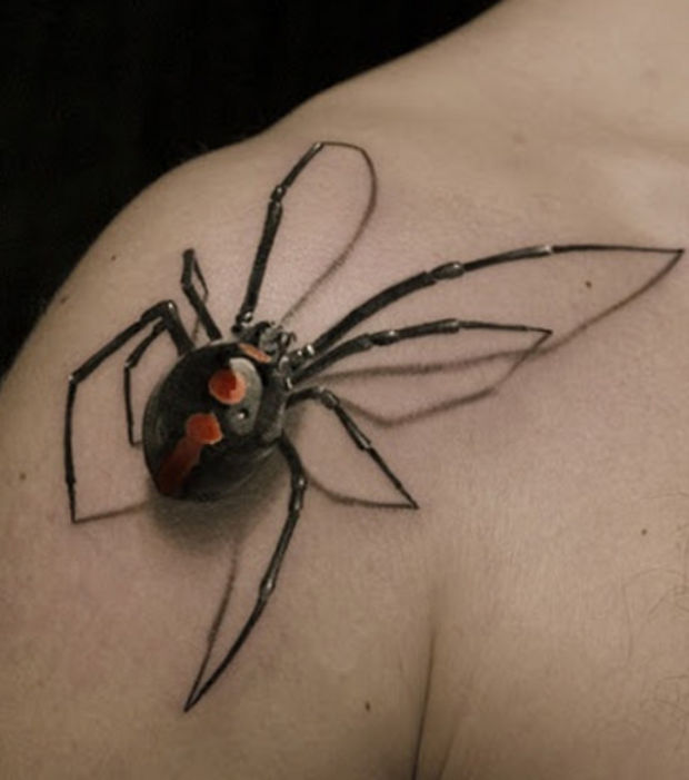 3D Black Widow Tattoo On Right Shoulder