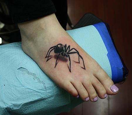 3D Dark Black Widow Spider Tattoo On Girl Foot