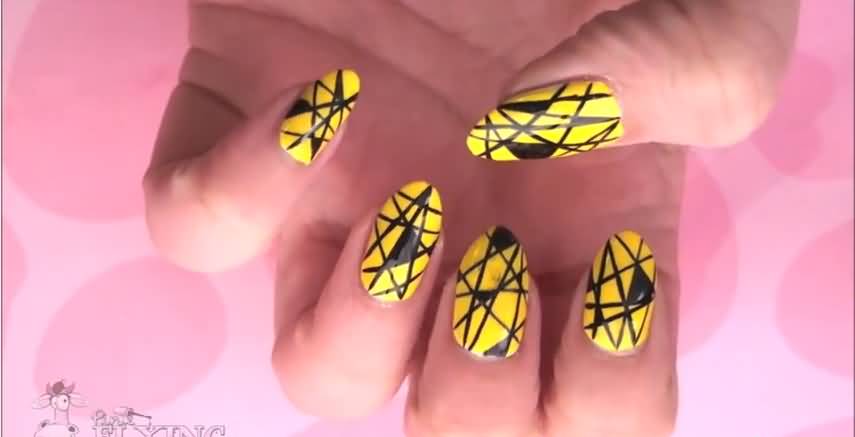 Abstract Lines On Neon Yellow Nails
