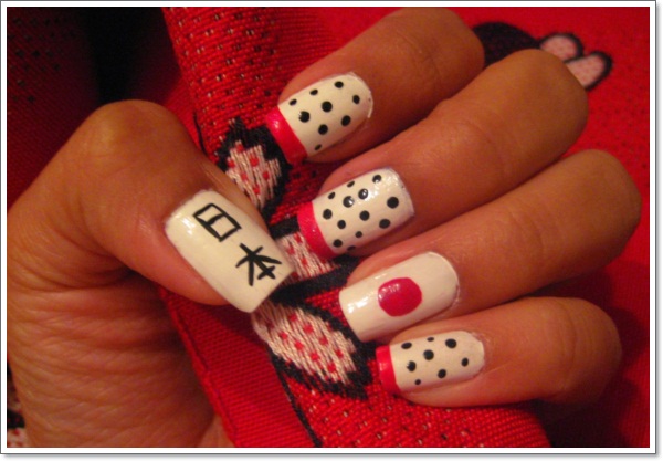 Accent Japanese Flag With Black Dots Design Nail Art