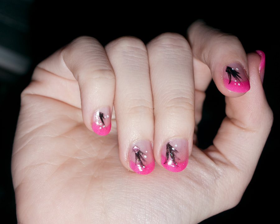 Acrylic Pink Tip Short Nails With Black Design