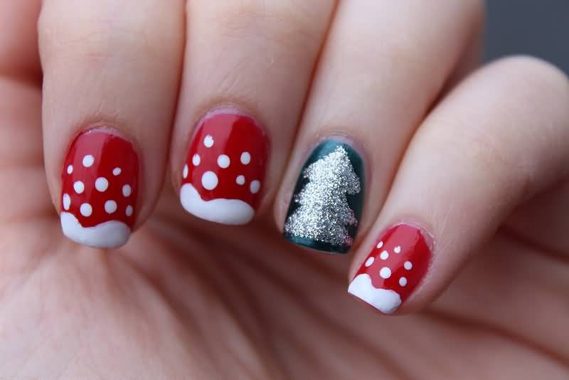 Acrylic Red And White With Accent Glitter Christmas Tree Short Nail Art