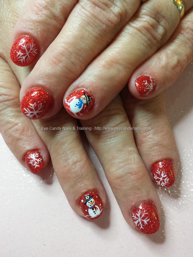 Acrylic Red Nails With Snowflakes And Snowman Short Nail Art Design