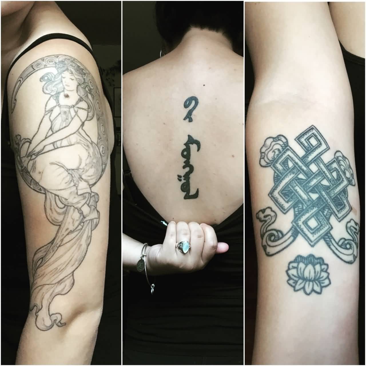 Alphonse Mucha Muse With Mongol Script And Endless Knot Tattoo