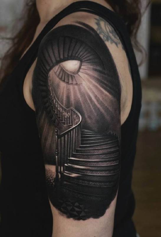 Amazing 3D Staircase To Heaven Spiral Tattoo On Upper Arm