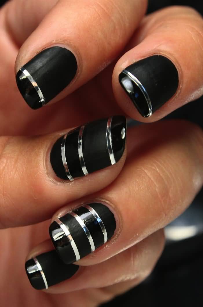 Amazing Black Nails With Silver Metallic Striping Tape Nail Art