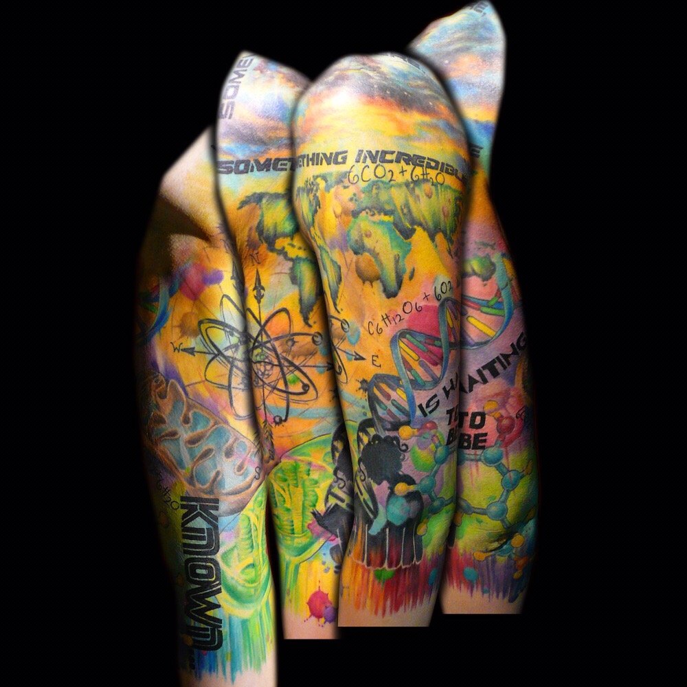 Amazing DNA Science Watercolor Tattoo On Full Sleeve