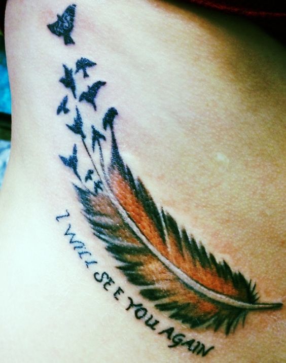 Amazing Feather Birds Remembrance Tattoo On Side Rib