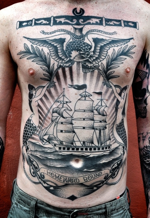 Amazing Grey Ink Anchor And Navy Ship Tattoo On Front Body