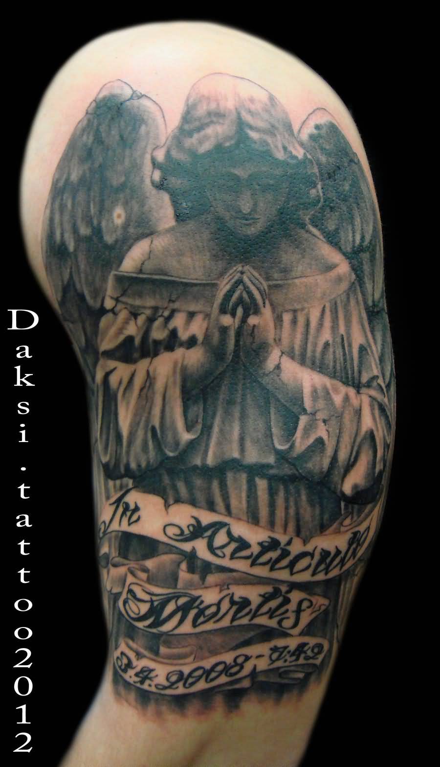 Amazing Grey Ink Praying Angel With Banner Tattoo On Left Half Sleeve