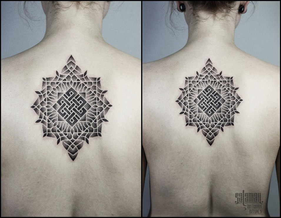 Amazing Mandala Endless Knot Tattoo On Upper Back