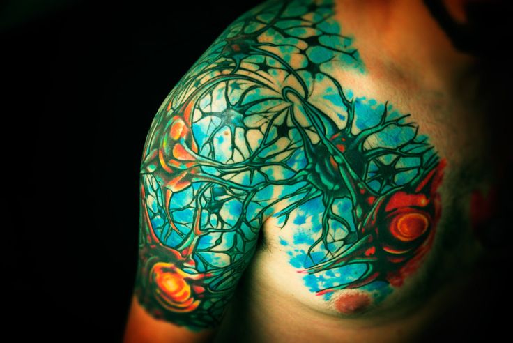 Amazing Neuron Science Tattoo On Shoulder To Chest For Men