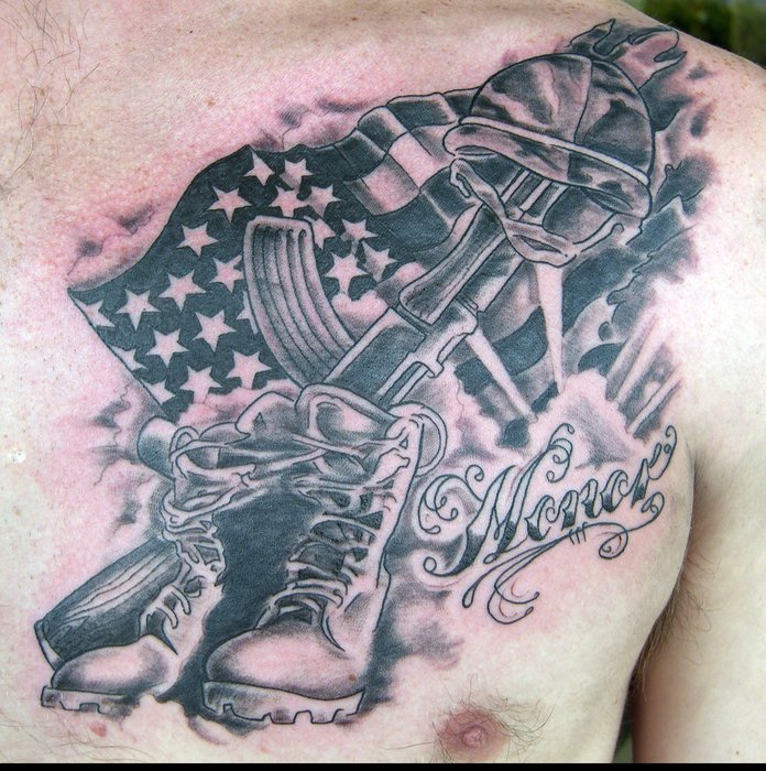 American Army Remembrance Tattoo On Chest For Men By Lea