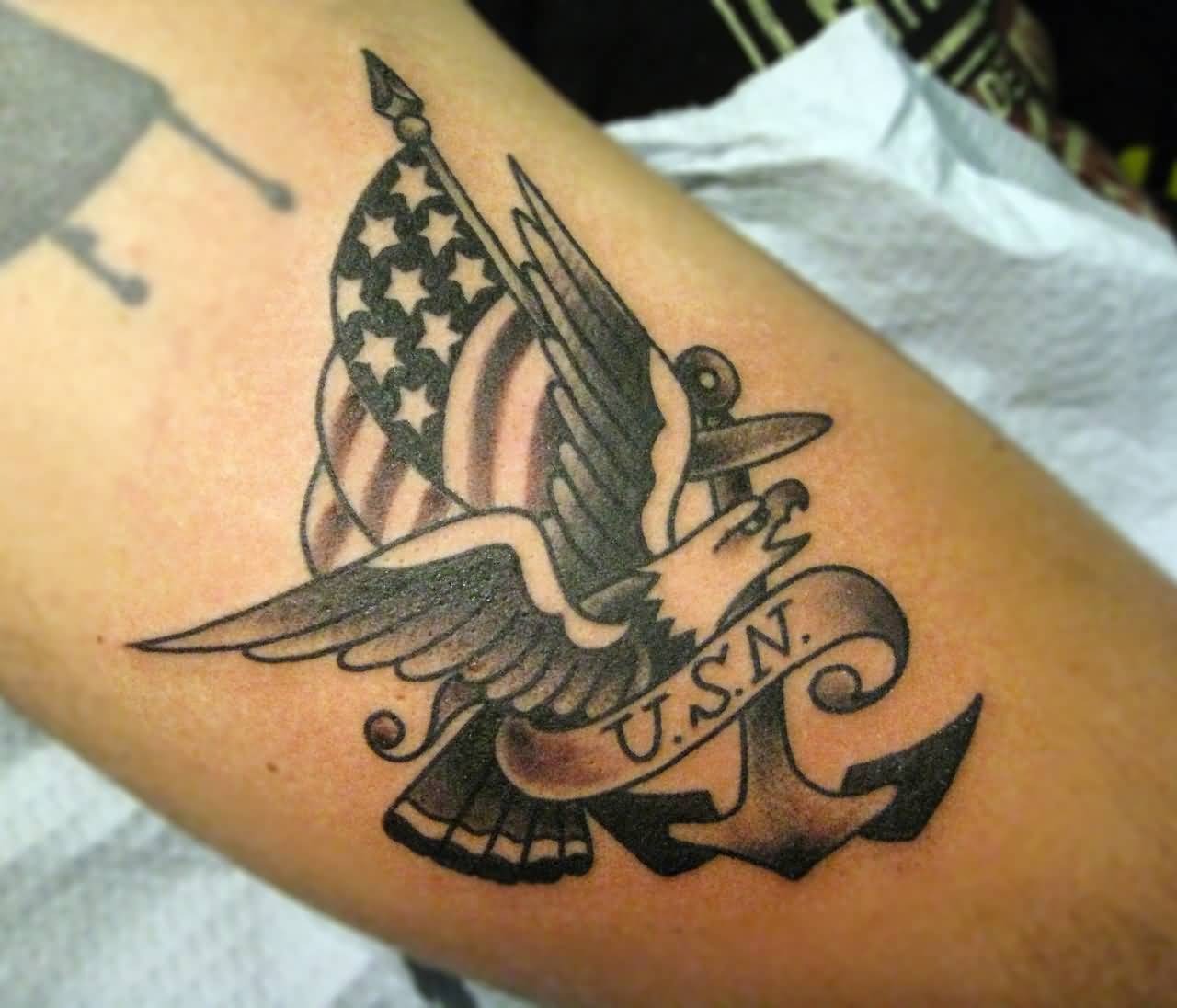 American Navy Logo Tattoo On Sleeve