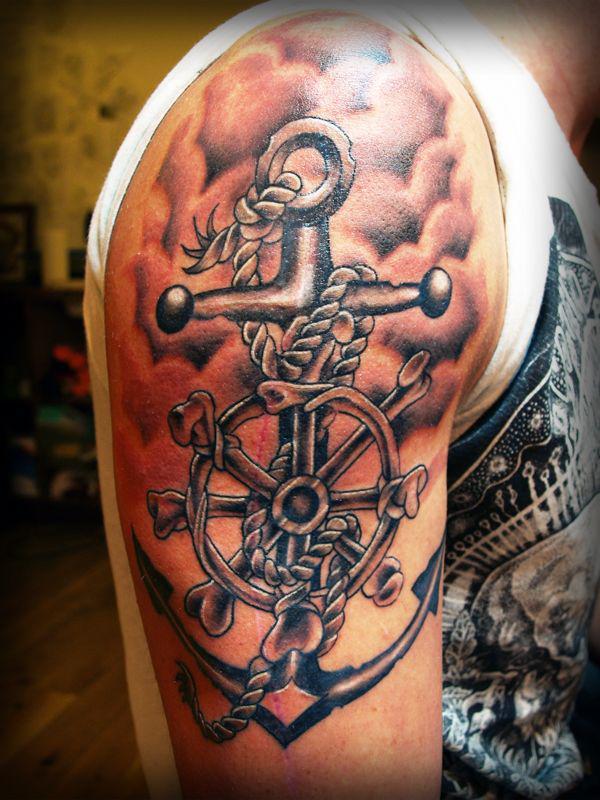 Anchor Wheel Navy Tattoo On Right Half Sleeve