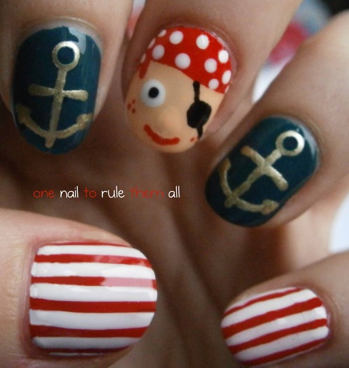 Anchors And Pirate Nail Art With Stripes Design Idea