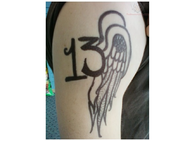 Angel Thirteen Number Tattoo On Right Shoulder