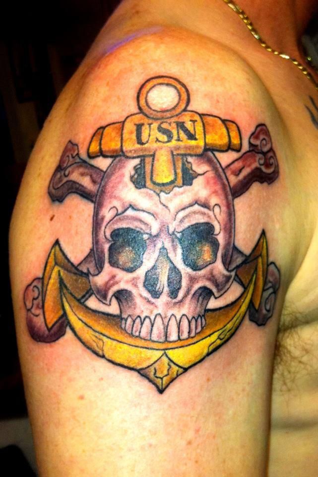 Army Skull And Anchor Tattoo On Right Shoulder