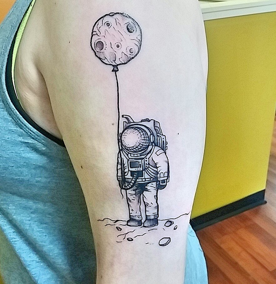 Astronaut With Moon Balloon Science Tattoo On Left Half Sleeve