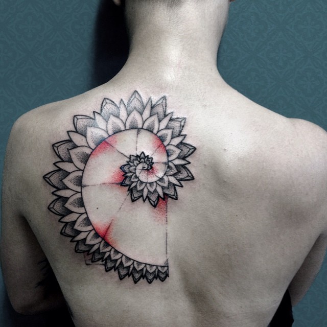 Attractive Fibonacci Spiral Tattoo On Upper Back