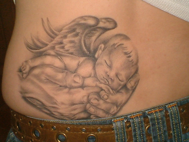 Attractive Grey Remembrance Tattoo For Baby On Hip