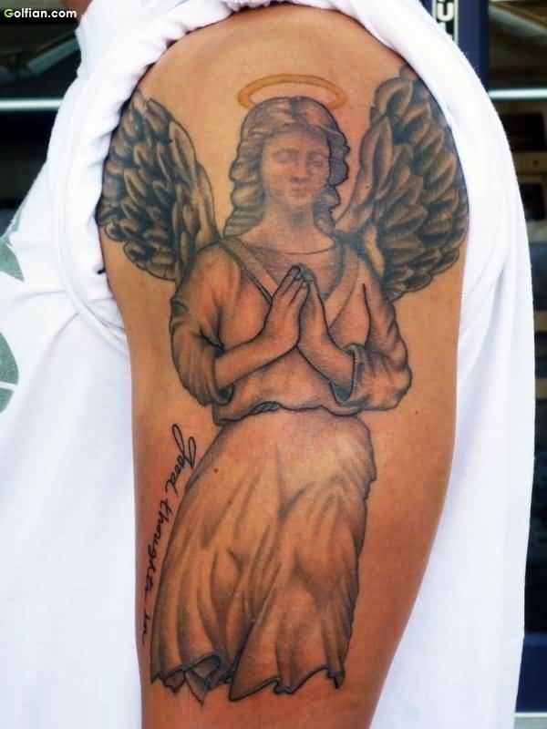 Attractive Praying Angel Tattoo On Sleeve