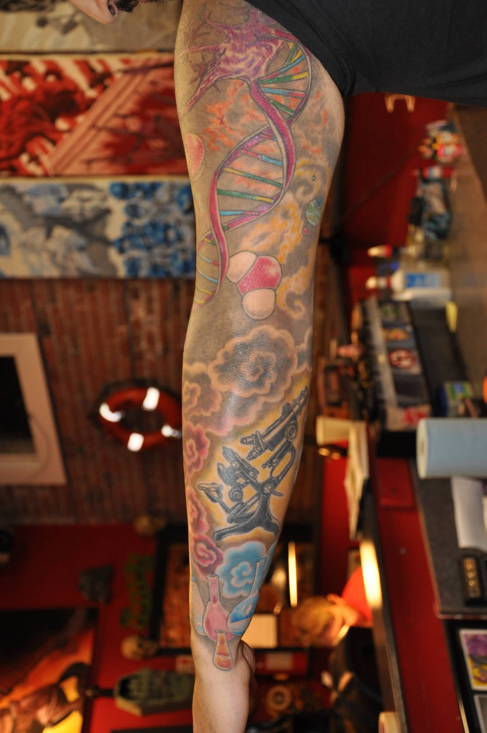 Attractive Science Microscope And DNA Full Sleeve Tattoo