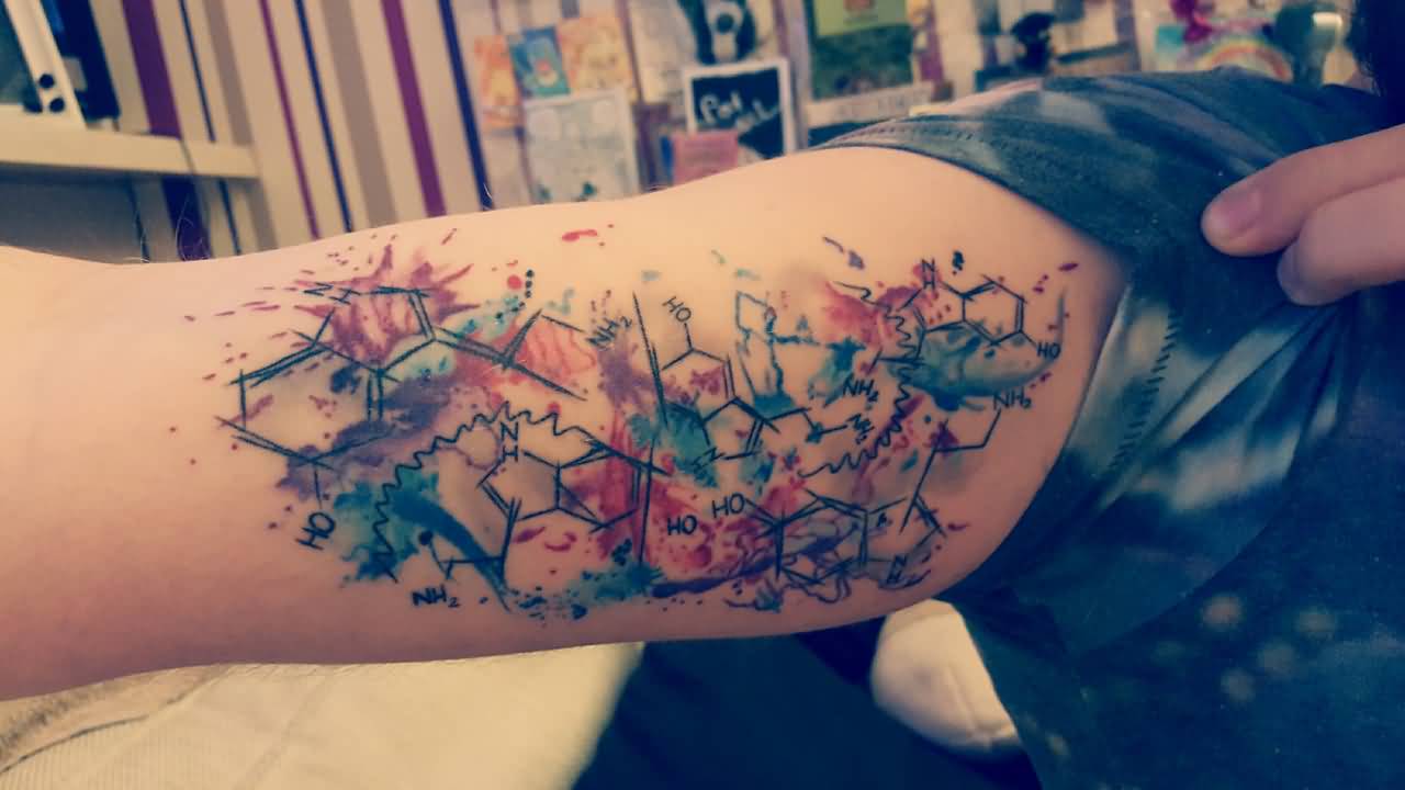 Attractive Watercolor Science Tattoo On Biceps