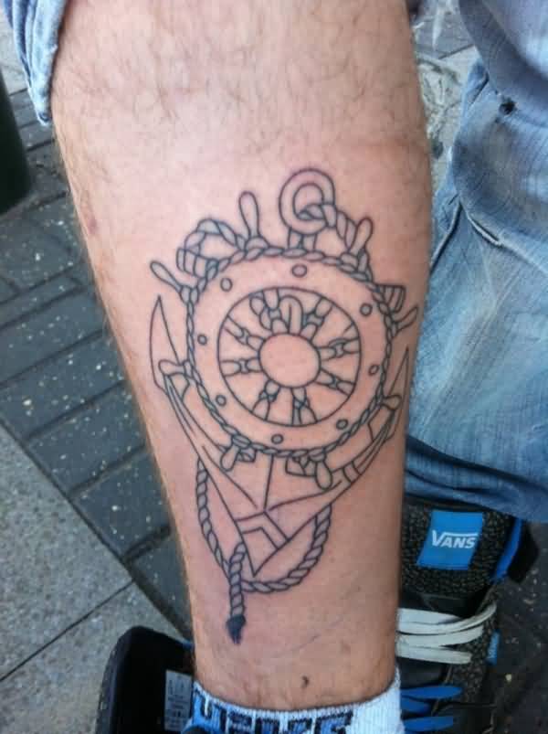 Attractive Wheel And Anchor Navy Tattoo On Forearm