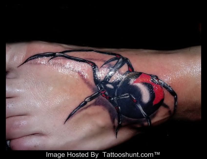 Awesome 3D Black Widow Spider Tattoo On Foot