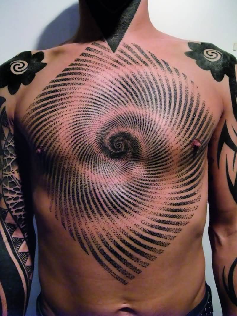 Awesome Black And Grey Spiral Tattoo On Front Body For Men